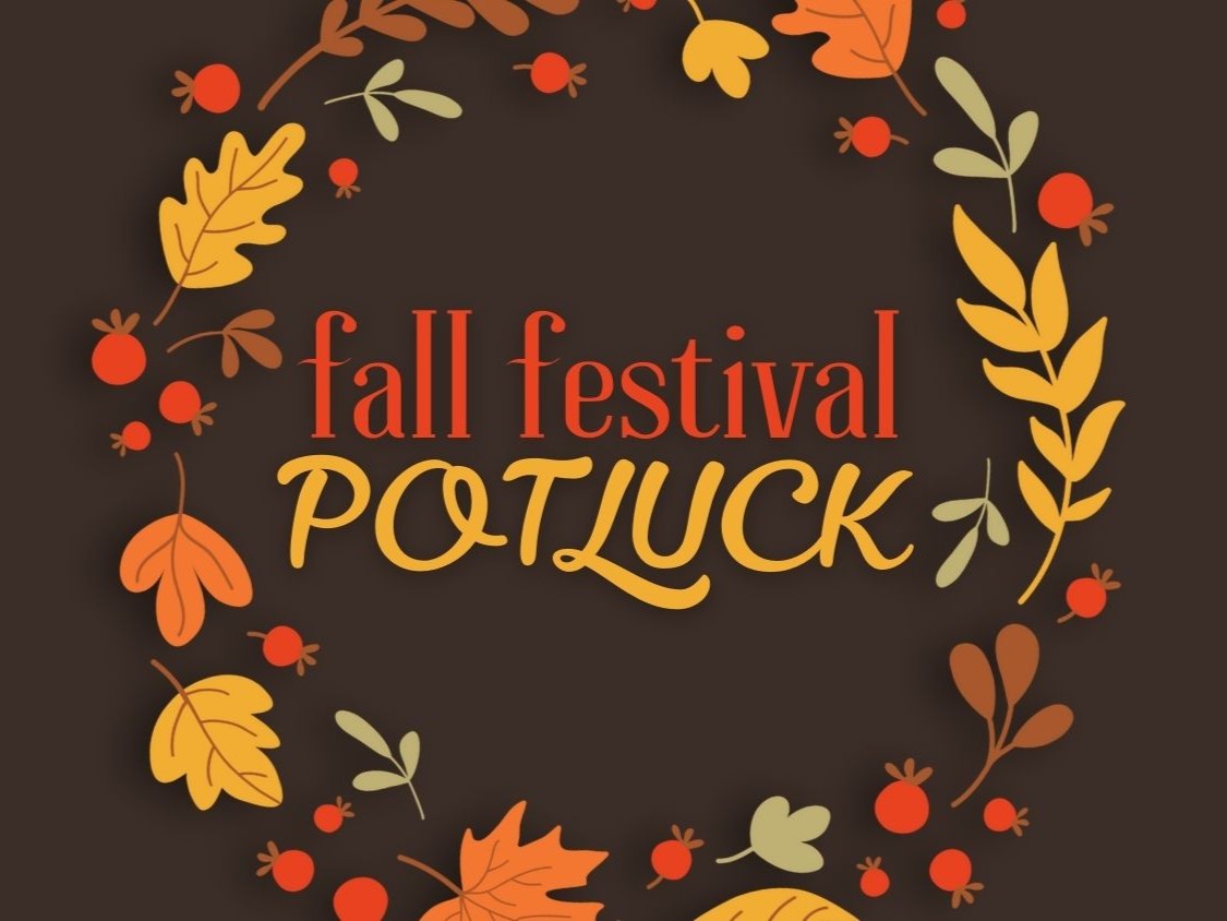 Festive fall-themed graphic with colorful autumn leaves and berries encircling the text “Fall Festival Potluck” on a dark background.