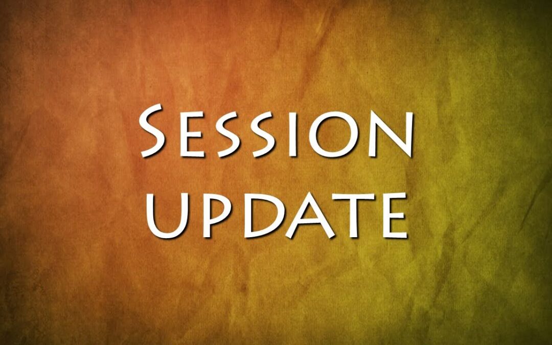 Text overlay on orange-yellow textured background reads "SESSION UPDATE" in white, bold typography. No landmarks or people are visible.