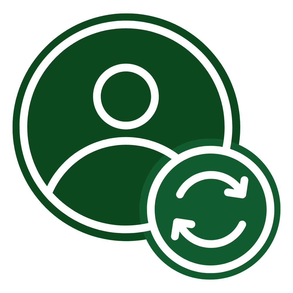 This image displays a green icon of a person with a refresh symbol, indicating profile update or user account refresh functionality.