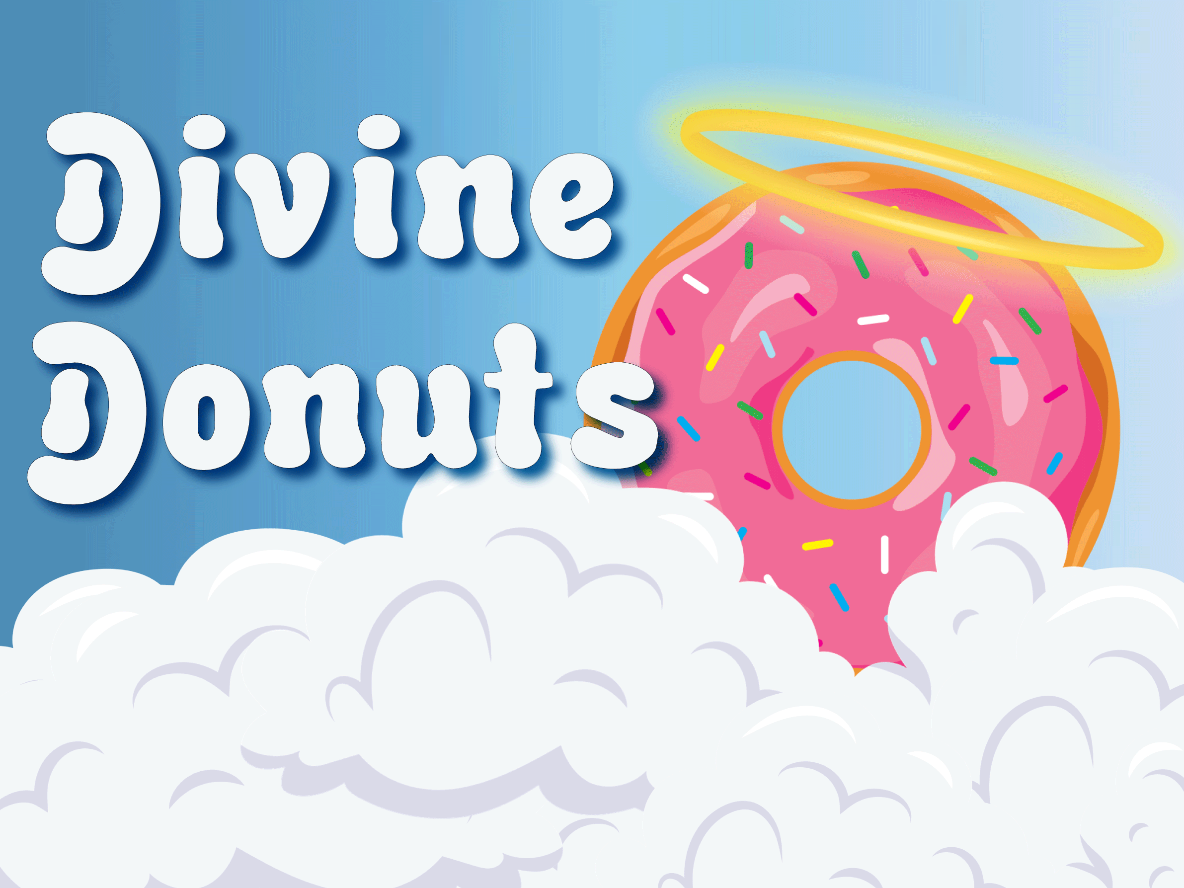 A pink donut with sprinkles and halo floats above clouds. The words "Divine Donuts" are displayed in stylized white text.