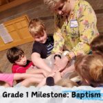 A group of children and a person gather around a baptismal font in a church setting, sharing a special moment together.