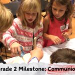 Children gathered at a table, engaging in an activity labeled "Grade 2 Milestone: Communion," in a warm, indoor setting.
