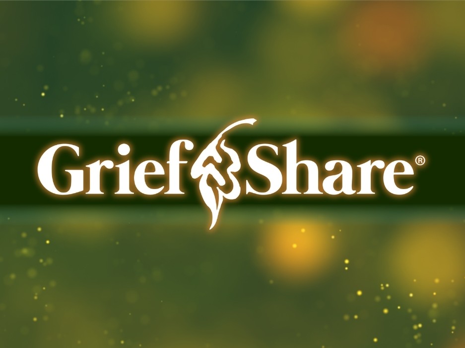 The image features the "Grief Share" logo with stylized text on a dark green background with light yellow bokeh effects.