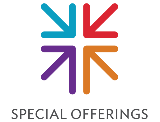 A multicolored, symmetrical star-like design with arrows pointing outward, above the text 