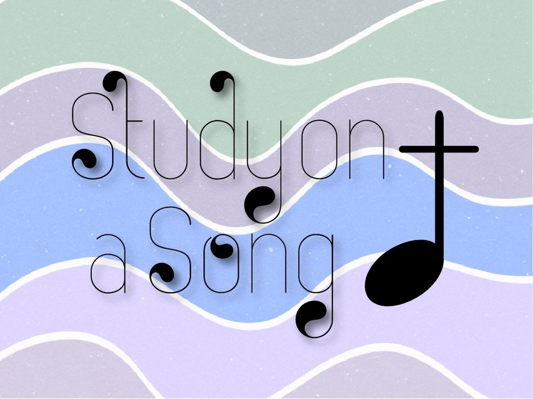 Stylized musical design featuring wavy multicolored background, musical notes, and the text “Study on a Song” creatively integrated.
