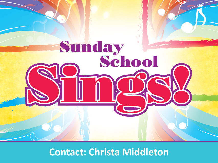 Colorful advertisement for "Sunday School Sings!" with musical notes and abstract background. Contact detail for Christa Middleton is included.