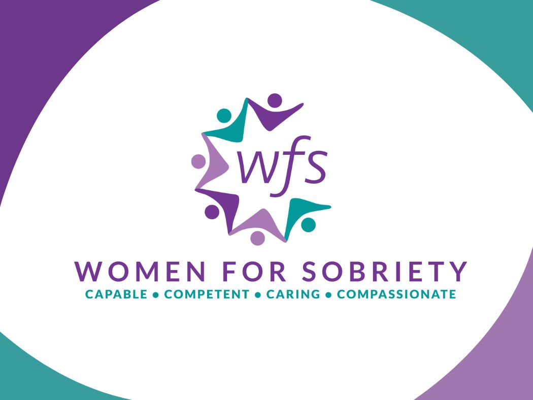 The image features the "Women for Sobriety" logo with purple and teal figures; emphasizes capability, competence, caring, and compassion.