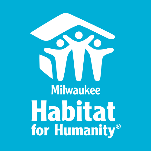 Logo for Milwaukee Habitat for Humanity featuring three abstract people and a stylized house on a blue background.