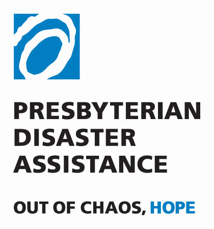 Presbyterian Disaster Assistance logo with blue and white symbol. Text reads: 