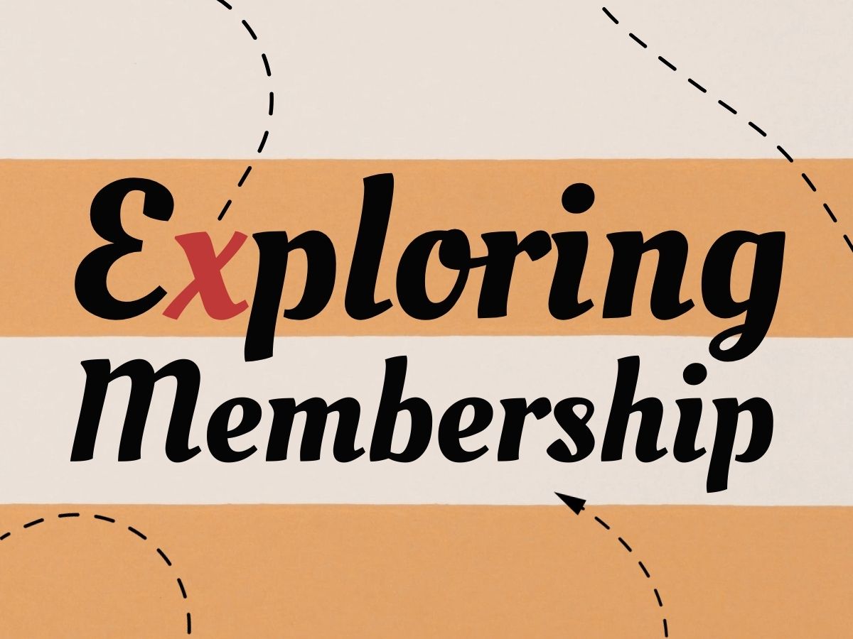 Exploring Membership graphic with orange and tan background color bars and a dashed line with an arrow marking a random text across the graphic.
