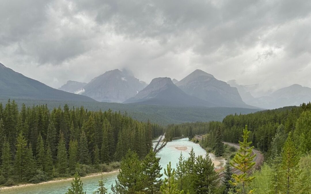 A river winds through dense forest, surrounded by towering mountains under cloudy skies, showcasing a serene natural landscape.
