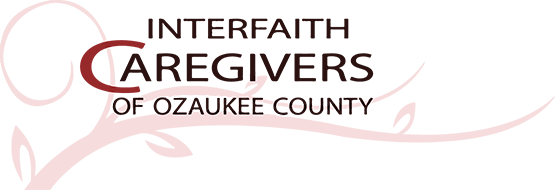 Logo for the Interfaith Caregivers of Ozaukee County, featuring text on a light pink graphic background.